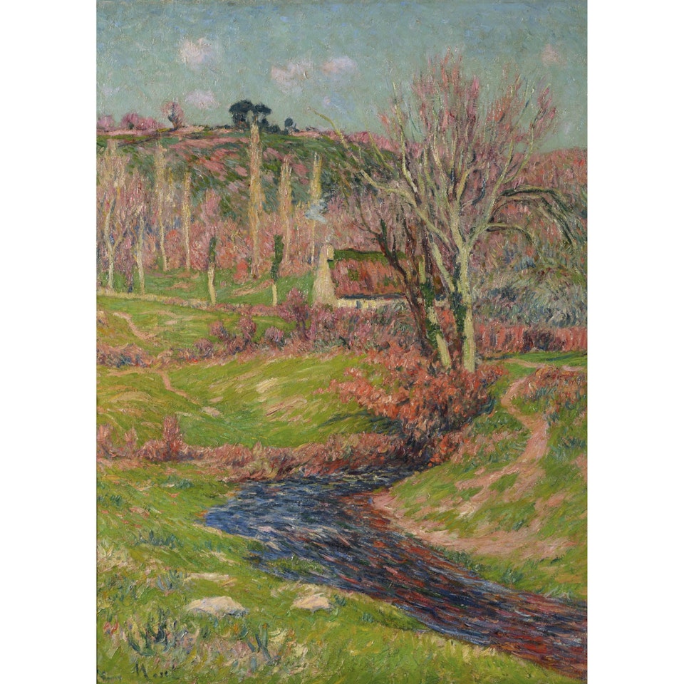 Thatched cottage near a stream in Brittany by Henry Moret