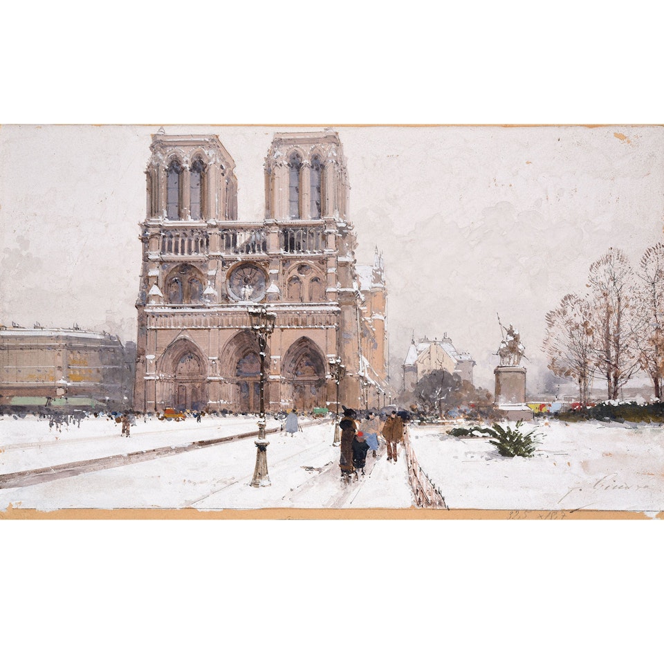 Notre-Dame Cathedral in Paris under the snow by Eugene Galien-Laloue