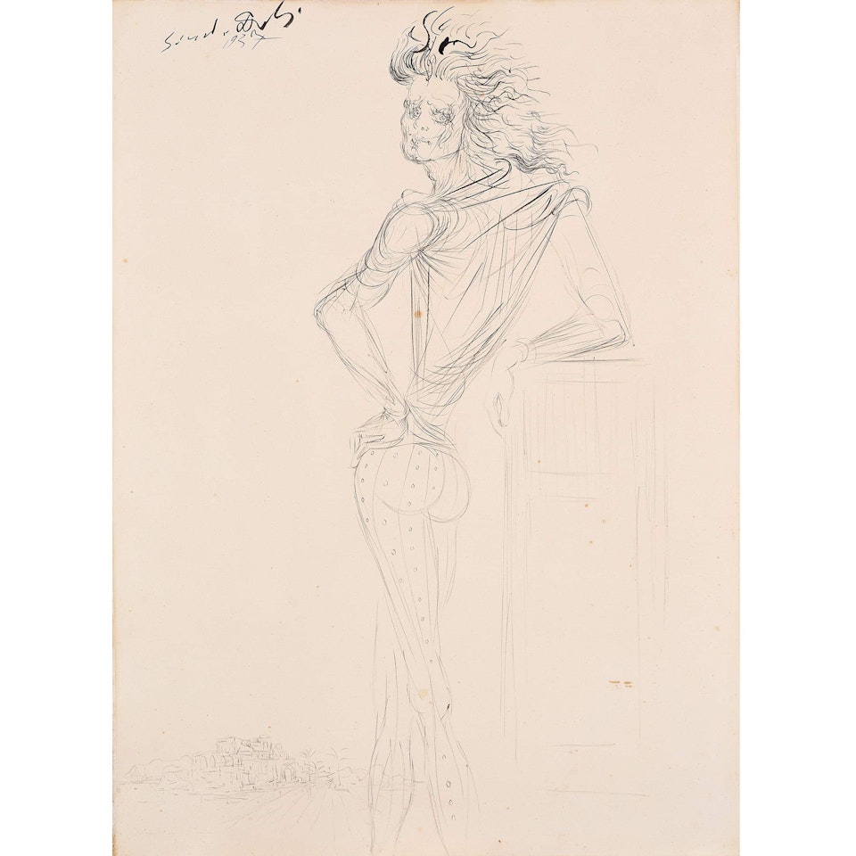 Surrealist model, fashion design possibly for Elsa Schiaparelli, also known as “Woman in Perspective in Front of an Oriental City” by Salvador Dali