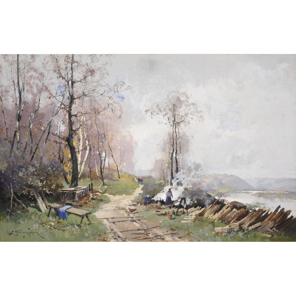 Fagotières on the banks of the Seine by Eugene Galien-Laloue