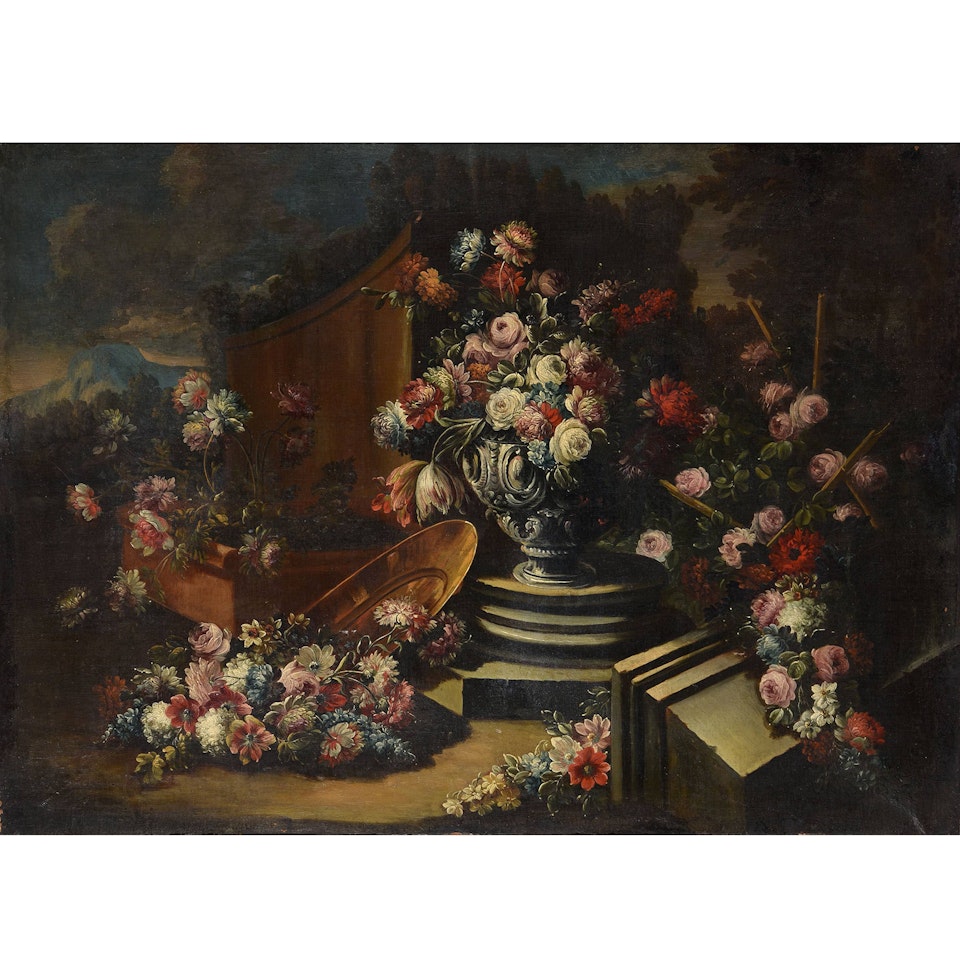 Bouquet, floral pier and pieces of goldwork in an antique environment by Italian School