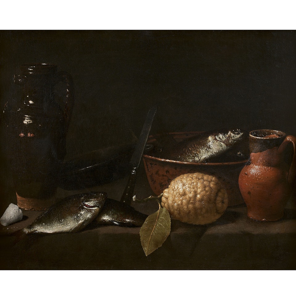 Still life with citrons, fish and stoneware pitcher on an entablature by Giuseppe Recco