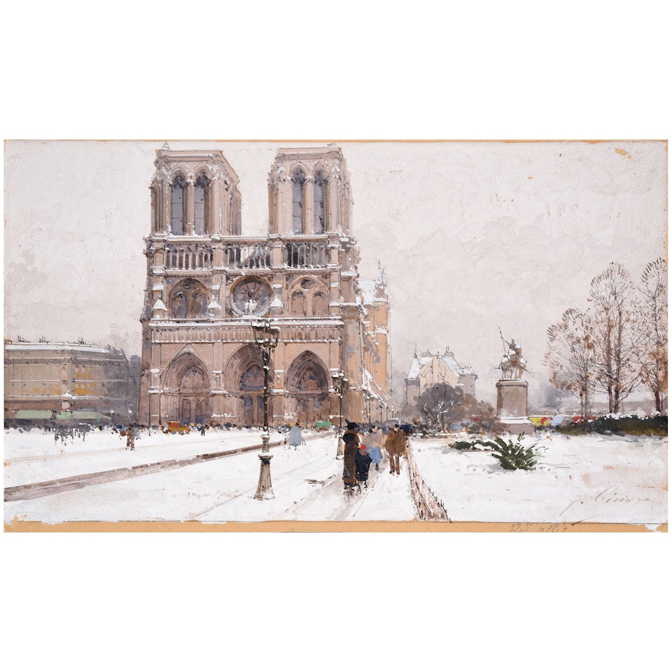 Notre-Dame Cathedral in Paris under the snow by Eugene Galien-Laloue
