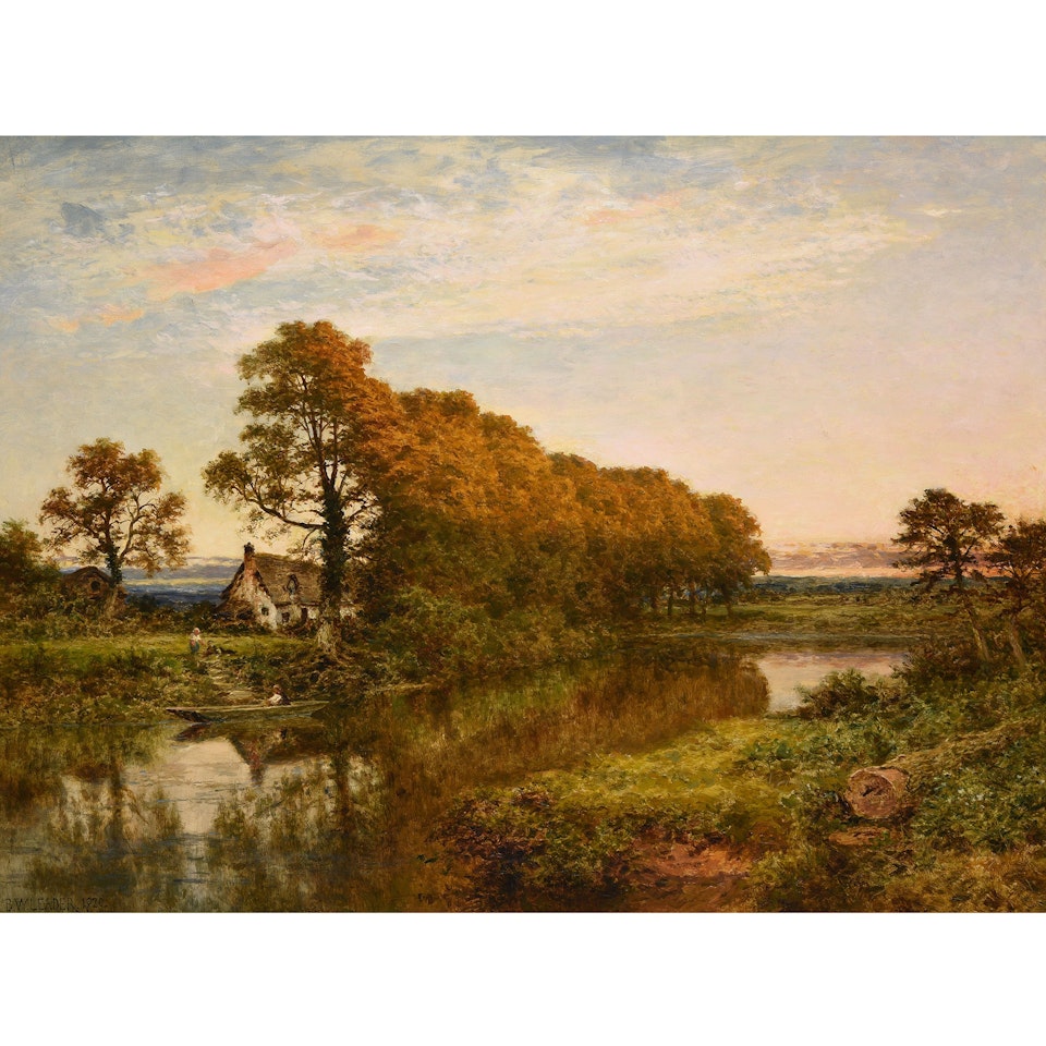 Thatched cottage near a pond by Benjamin Williams Leader