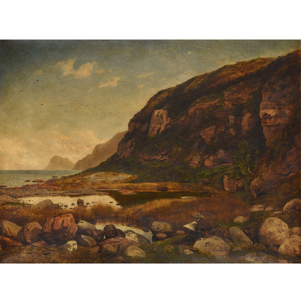 Painter at the foot of a cliff by Benjamin Williams Leader