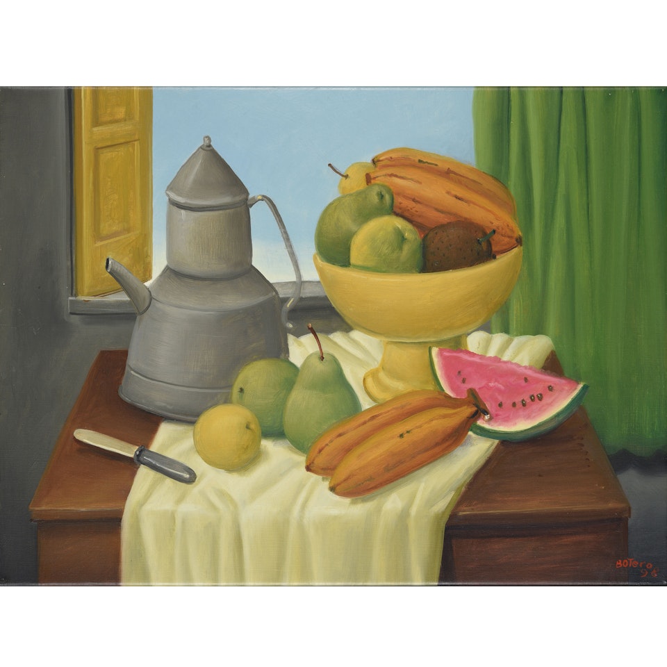 Nature morte aux fruits, couteau et théière devant une fenêtre by Fernando Botero
