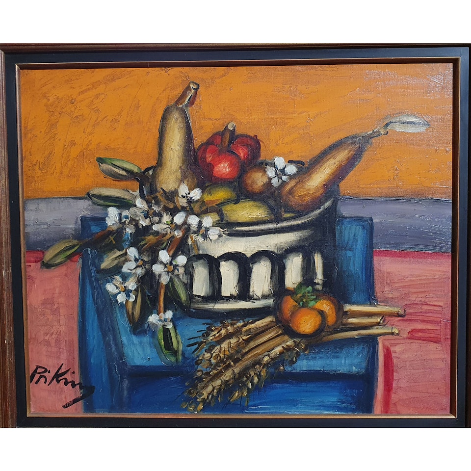 Still life with pears, daisies and ears of wheat on an entablature by Franz Priking