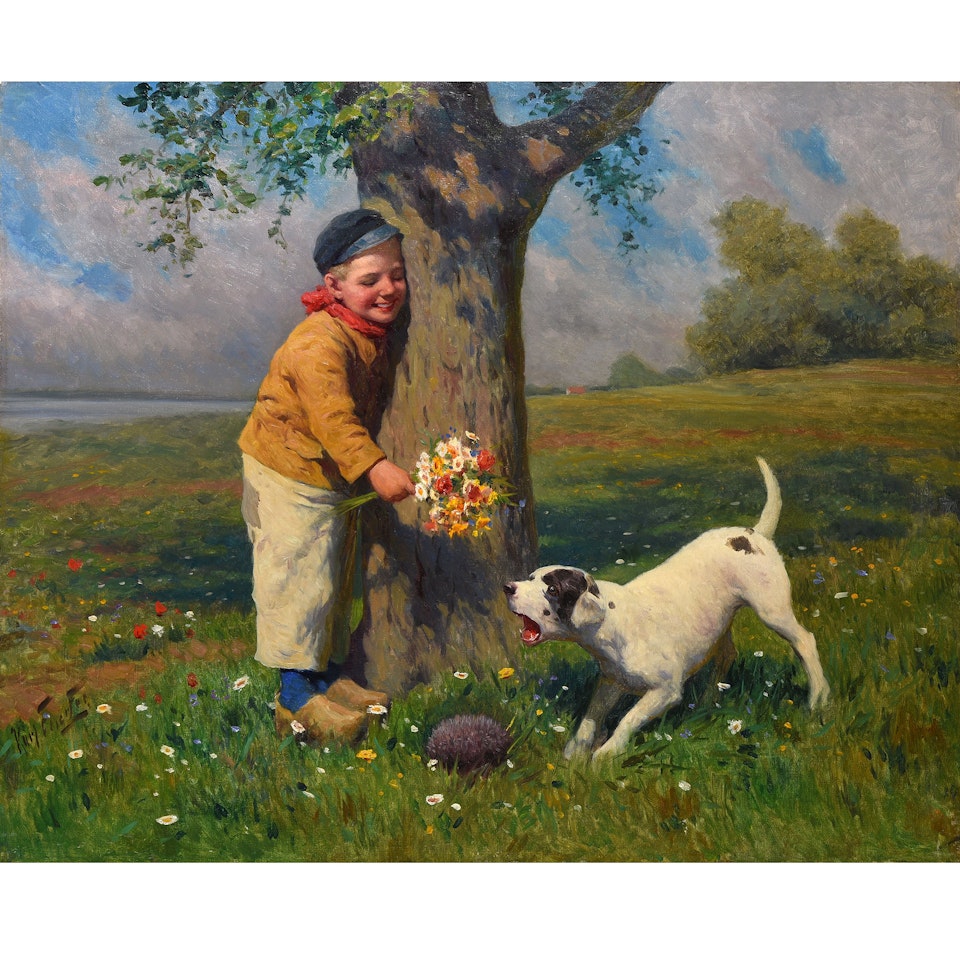 The child with the bouquet, in front of a puppy and a hedgehog by German School