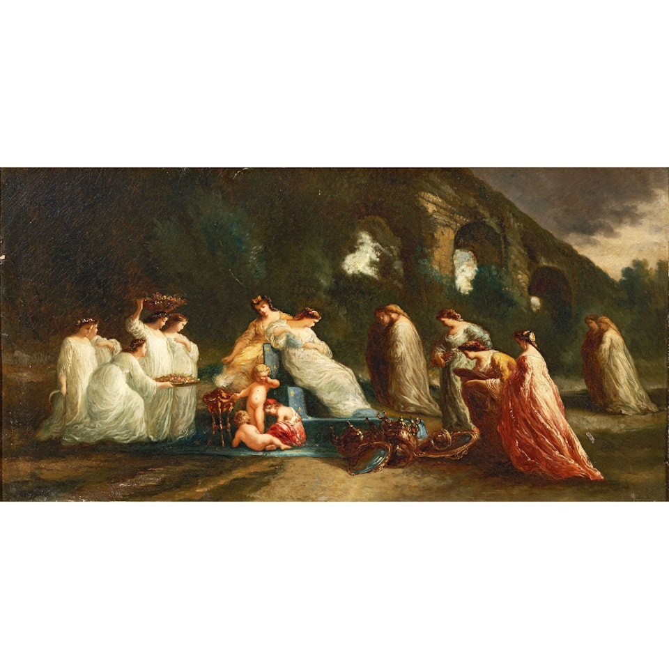 Assembly of young girls and children in a park by Adolphe Monticelli