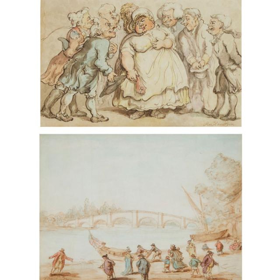 MEN SURROUNDING A ROBUST MAIDEN; FIGURES ON SHORE PUSHING A BOAT by Thomas Rowlandson