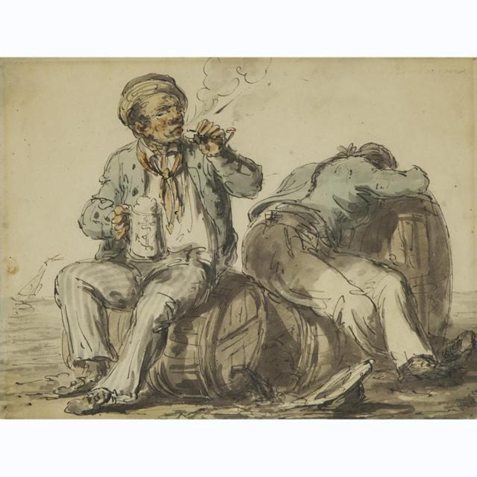 MALE FIGURES, ONE OVER A BARREL, ONE SMOKING by Thomas Rowlandson