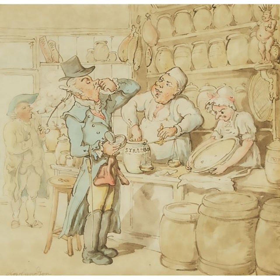 MAN SAMPLING GOODS IN A GENERAL STORE by Thomas Rowlandson