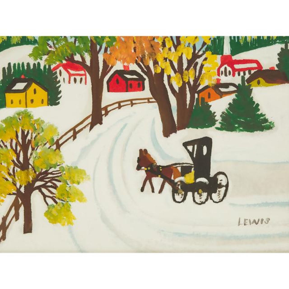 HORSE AND BUGGY ON SNOWY ROAD by Maud Lewis