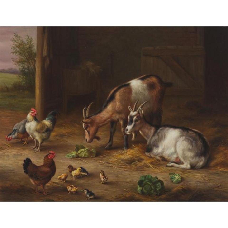 BARN INTERIOR WITH GOATS AND CHICKENS by Edgar Hunt