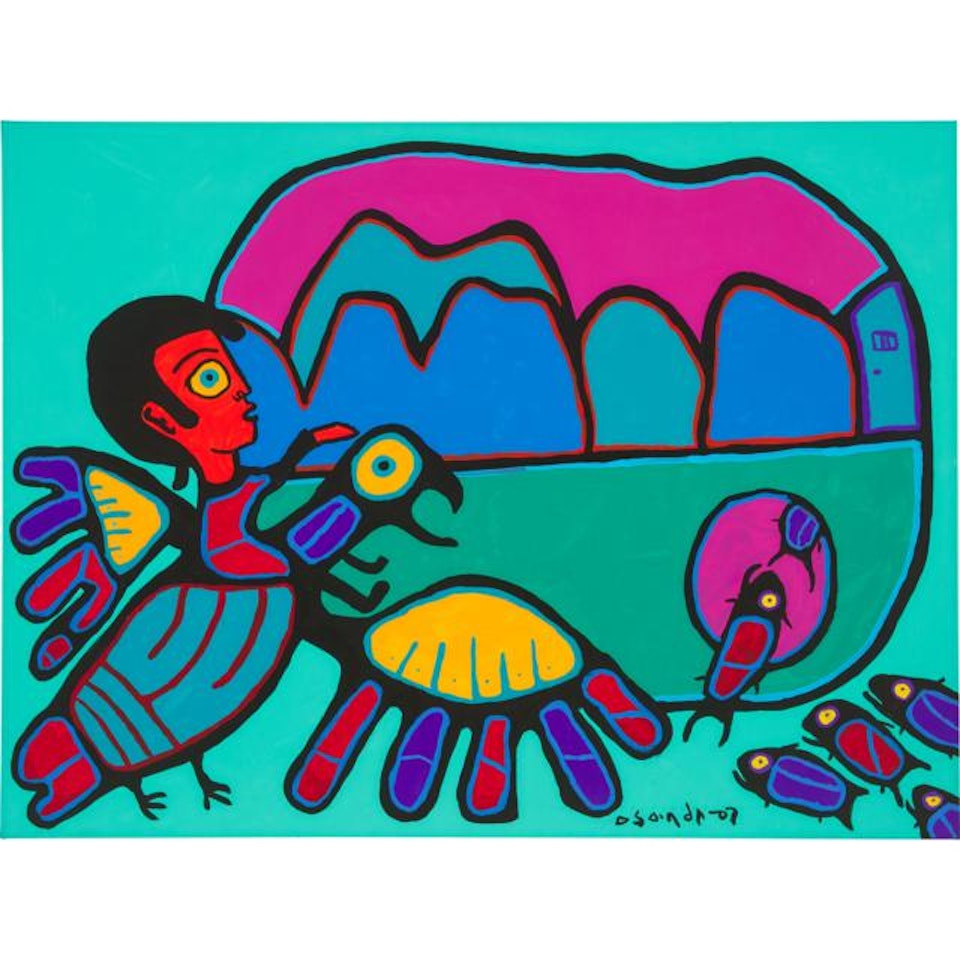 RIDING THE GREAT THUNDERBIRD TO THE MOUNTAIN WORLD by Norval Morrisseau