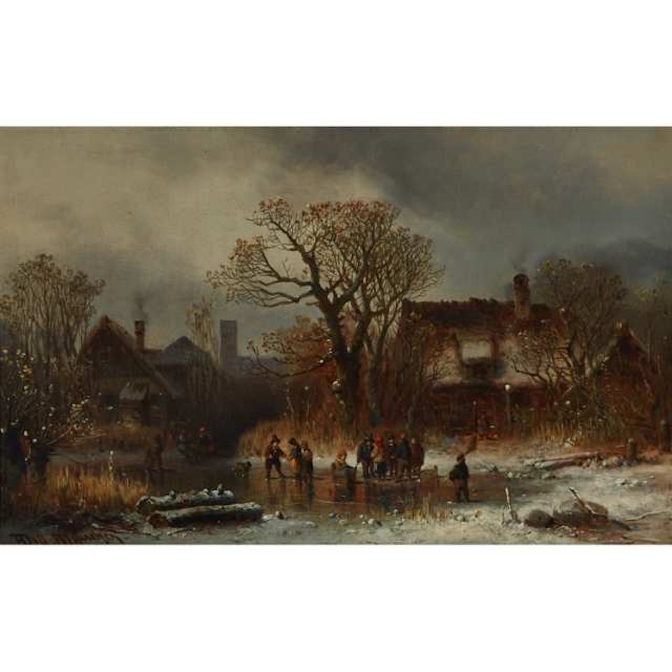 CHILDREN SKATING IN THE VILLAGE POND by Anton Doll