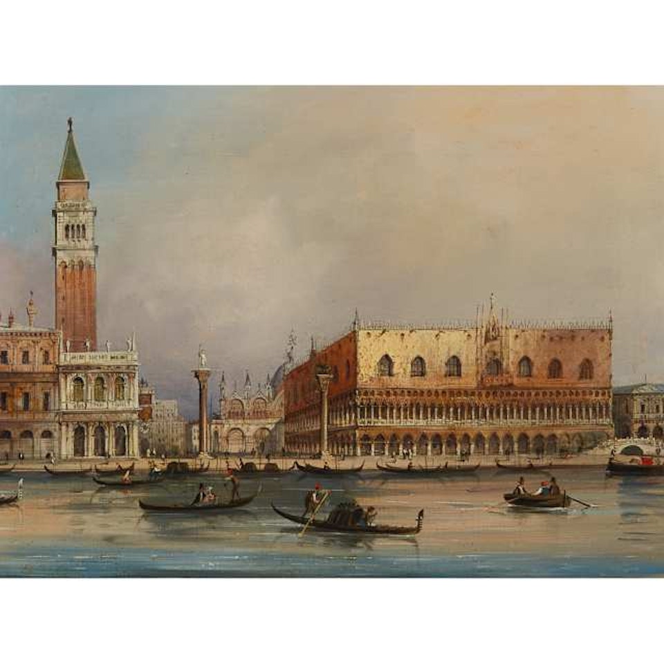 SANTA MARIA DELLA SALUTE; BACKWATER WITH GONDALIERS, VENICE by Carlo Grubacs