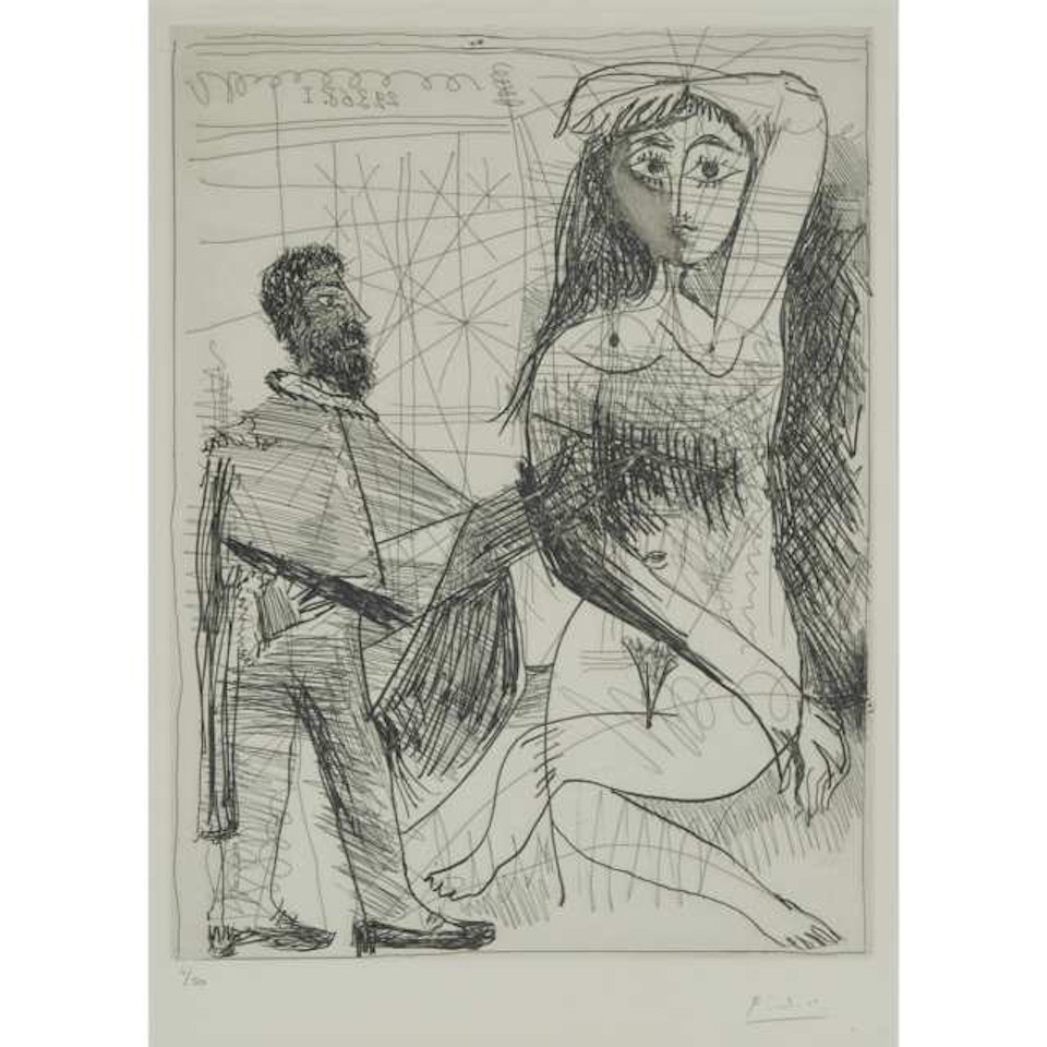 PEINTRE EN COSTUME ESPAGNOL PEIGNANT SUR SON MODÈLE, PL.7 (FROM SERIES 347) by Pablo Picasso