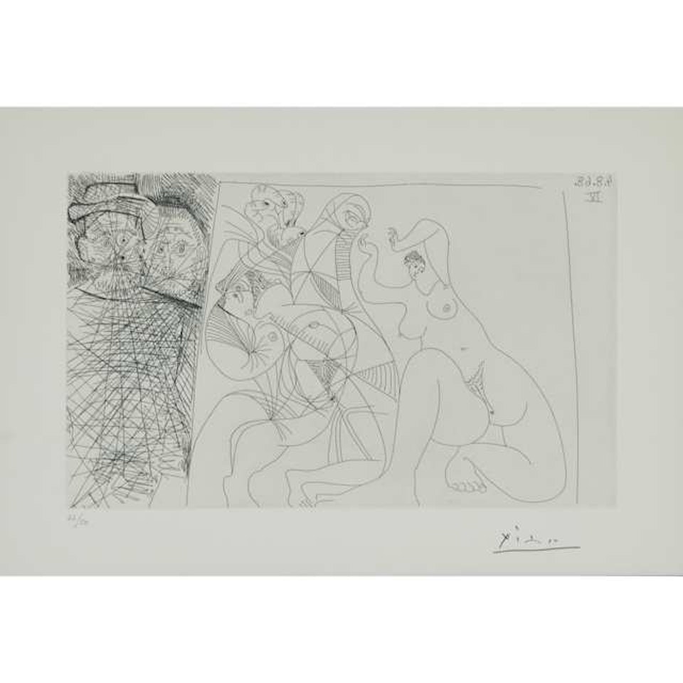 TOILE REPRÉSENTANT DES BACCHANTES, ET SPECTATEURS, DONT UN AU CHAPEAU REMBRANESQUE, DEUX GROSSES FEMMES NUES ET UN VOYEUR (FROM 347 SERIES, NO. 243) by Pablo Picasso