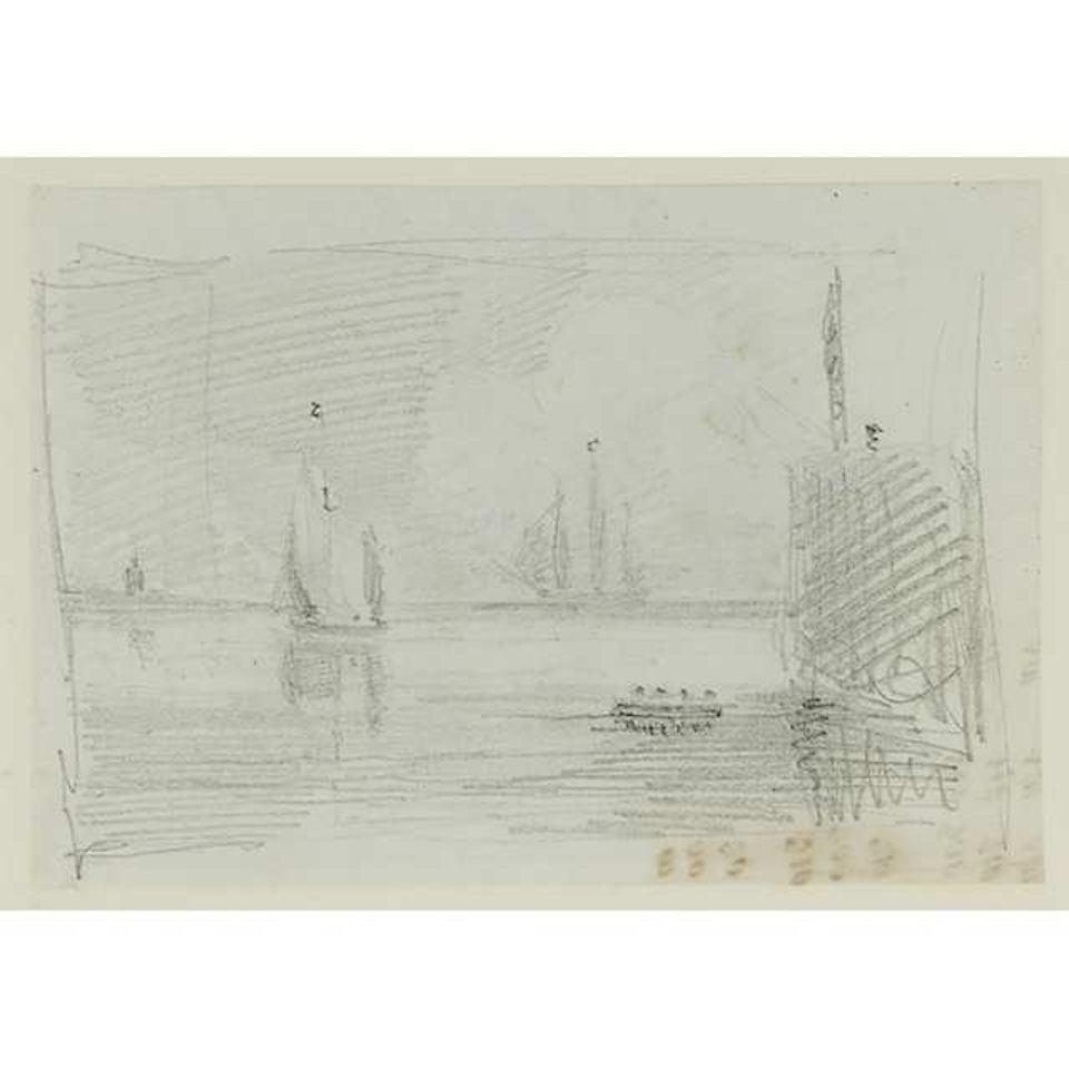 HARBOUR SCENE (SAILING BOAT, ROWBOAT AND FRIGATE BY WHARF) by John Constable