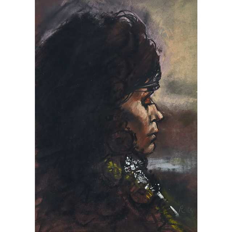 PORTRAIT OF RILEY"S MOTHER IN A BLACK LACE SHAWL IN A MISTY LANDSCAPE; A WOMAN OF SALFORD FROM THE BACK by Harold Riley