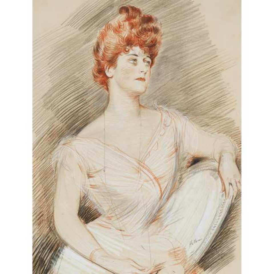 ELEGANT LADY WITH UPSWEPT RED HAIR SEATED IN A CHAIR by Paul César Helleu