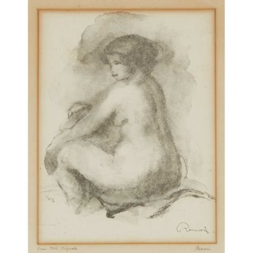 ETUDE DE FEMME NUE, ASSISE; DOUBLE-SIDED WITH ANOTHER STATE OF THE SAME VERSO (FROM L"ALBUM DES DOUZE LITHOGRAPHIES) by Pierre-Auguste Renoir