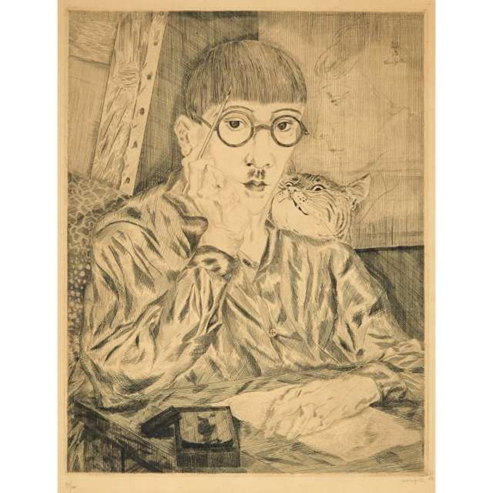 SELF PORTRAIT WITH CAT by Leonard Tsuguharu Foujita