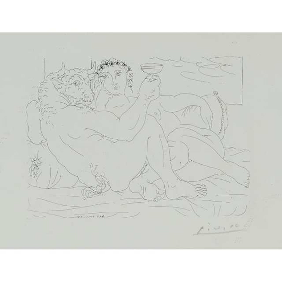 MINOTAURE, UNE COUPE À LA MAIN, ET JEUNE FEMME (FROM LA SUITE VOLLARD) by Pablo Picasso