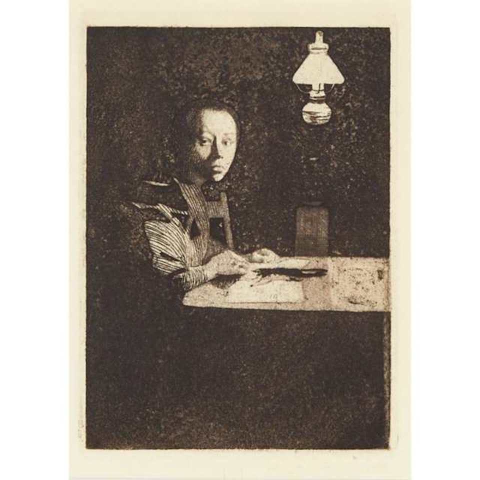 SELBSTBILDNIS AM TISCH (II. FASSUNG) by Kathe Kollwitz