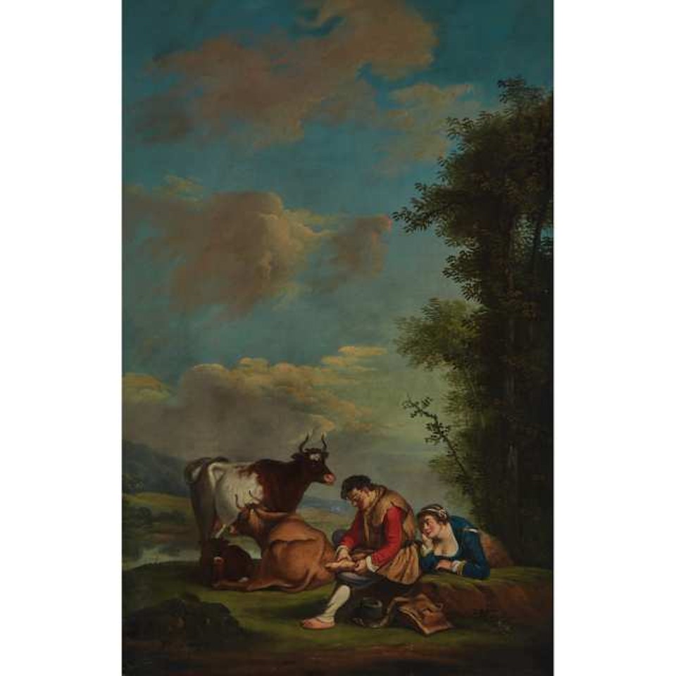 PASTORAL WITH PEASANT COUPLE STOPPING TO REMOVE A THORN IN HIS FOOT by Dutch School