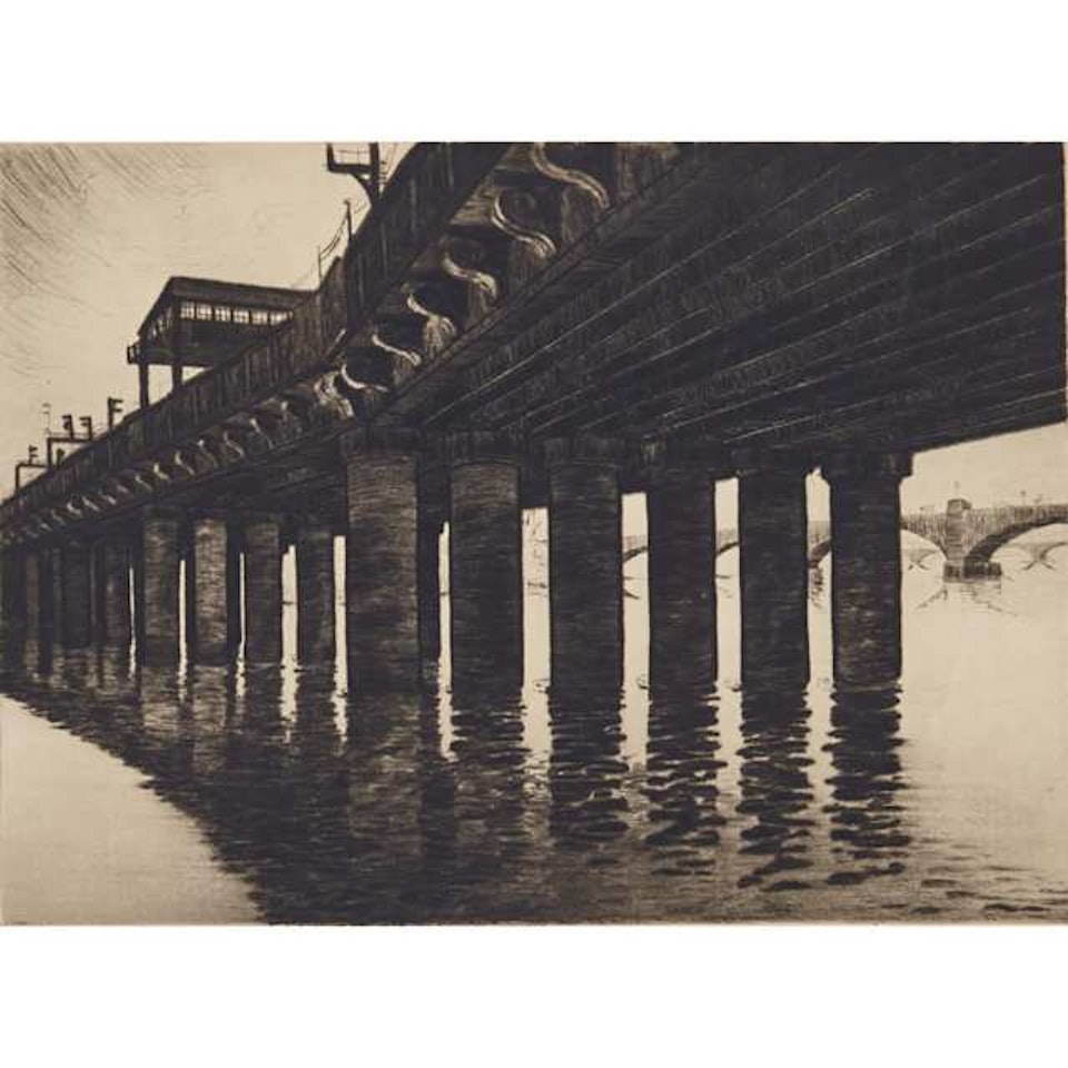 “CANON (SIC) STREET - RAILWAY BRIDGE”, (LONDON) by Sybil Andrews