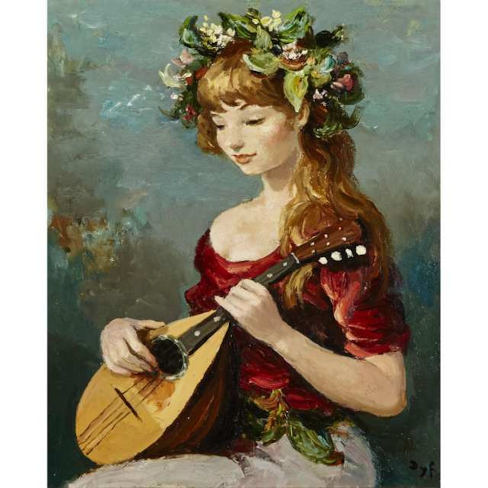 YOUNG GIRL WITH LAUREL WREATH STRUMMING A MANDOLIN by Marcel Dyf