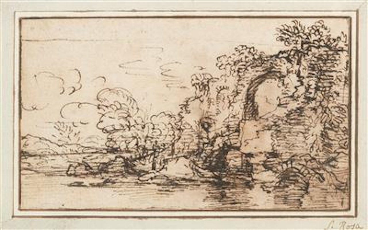 A landscape study with ruins at a pond by Salvator Rosa