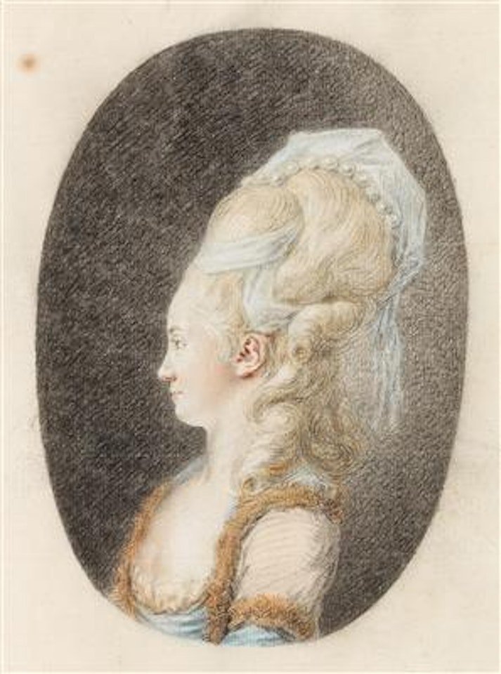 A profile portrait of a young woman, her hair elaborately done up by Louis Carrogis Carmontelle