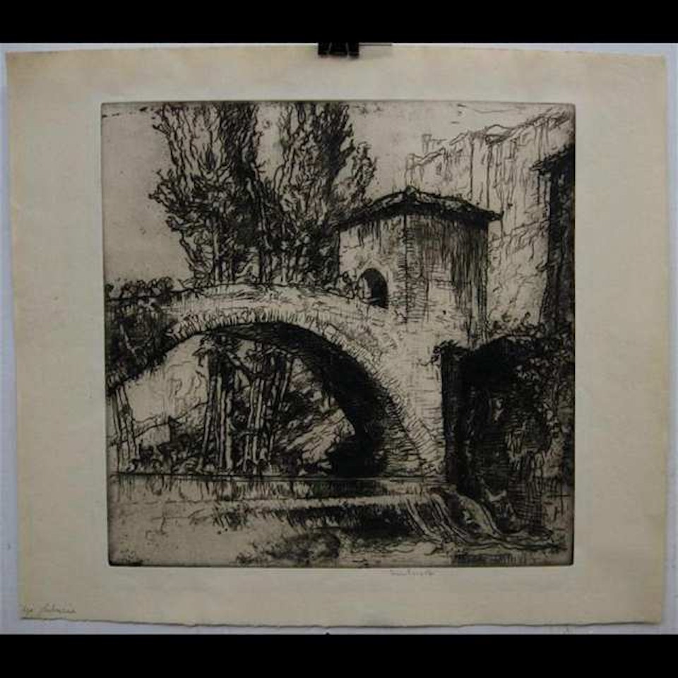 FIGURES CROSSING BRIDGE TO CASTLE by Sir Frank Brangwyn