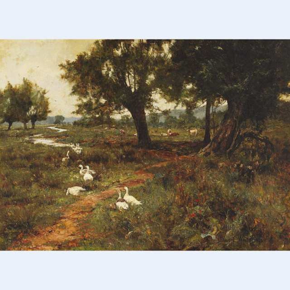 GEESE AND COWS IN A WOODED RIVER LANDSCAPE by Edward Wilkins Waite