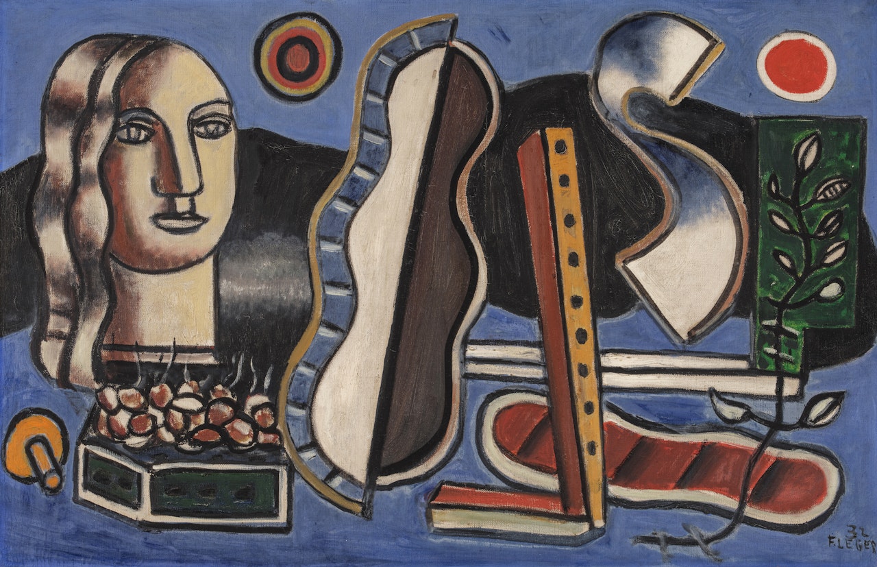 Objets contrastés sur fond bleu by Fernand Leger