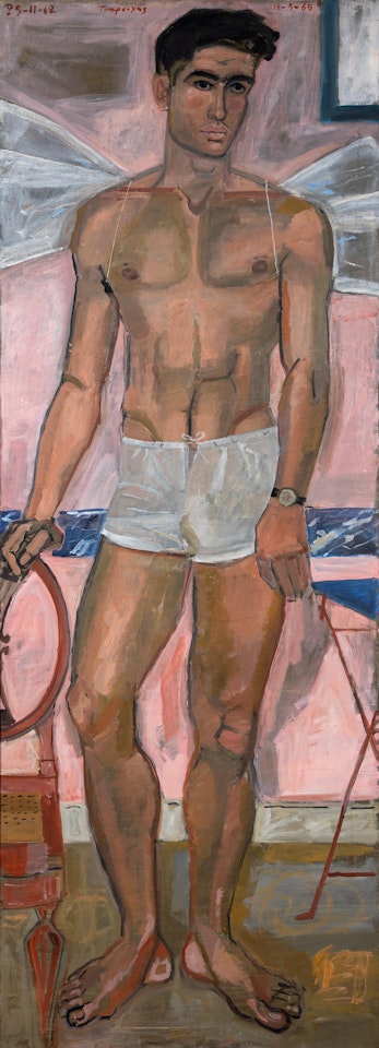 Jeune homme posant comme Eros avec une chaise anglaise by Yannis Tsarouchis