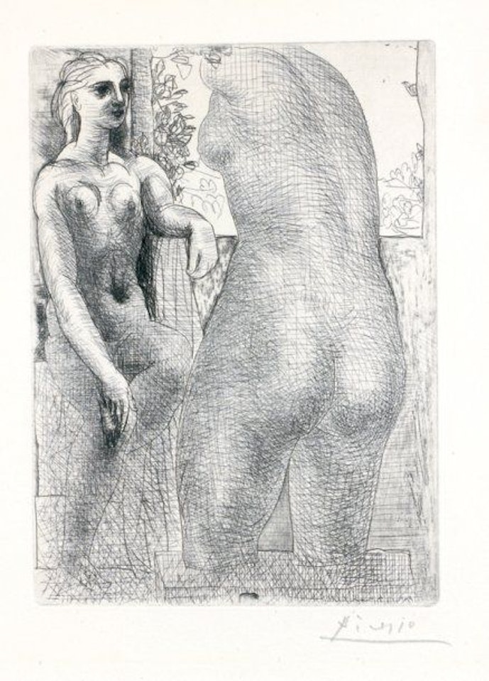 Marie-Thérèse looking at her sculpted body - Suite Vollard pl. 73. by Pablo Picasso