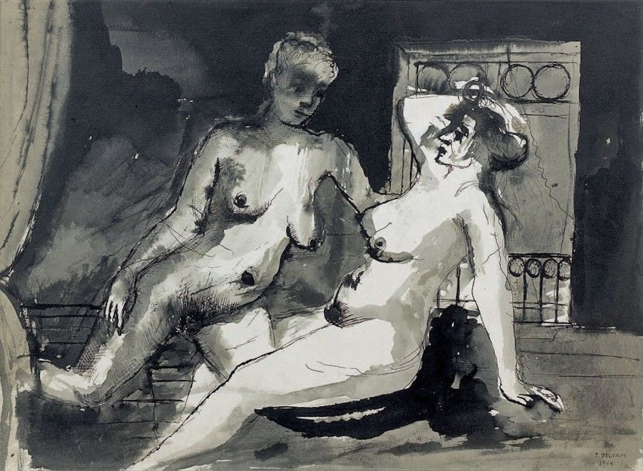 The two friends Pen and Indian ink wash drawing by Paul Delvaux