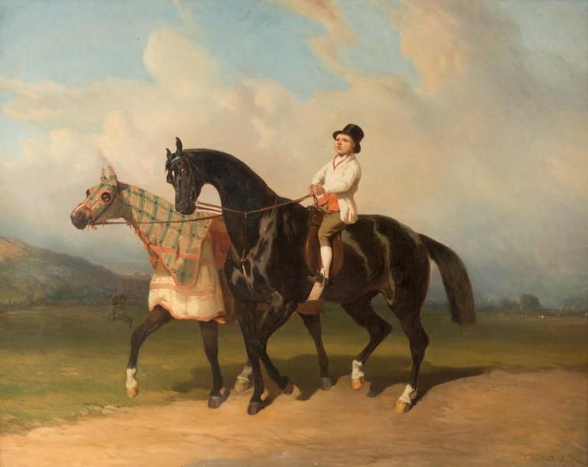 Groom in top hat and horses relaxing, one of which is in hackle by Alfred de Dreux