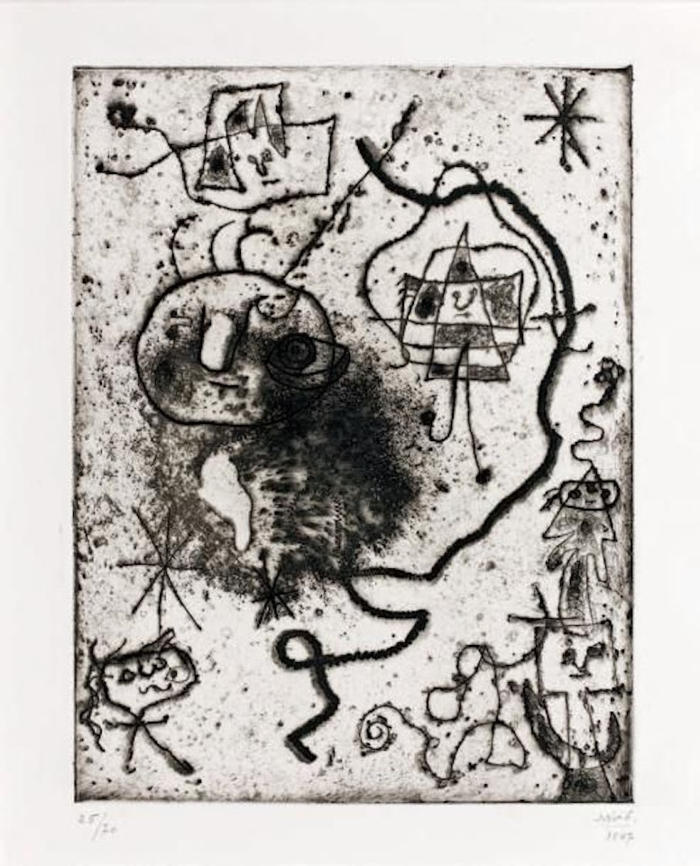 Little girl jumping rope, woman and bird, plate from the Portofolio Number One suite by Joan Miró