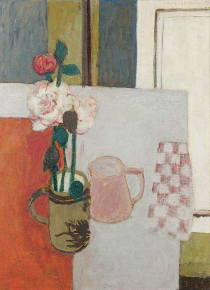 Vase of flowers on a table by Jean-Pierre Cassigneul