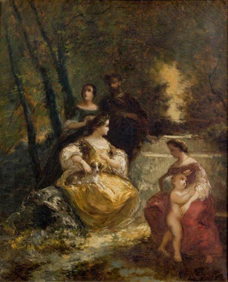Characters and dog in a park by Adolphe Monticelli