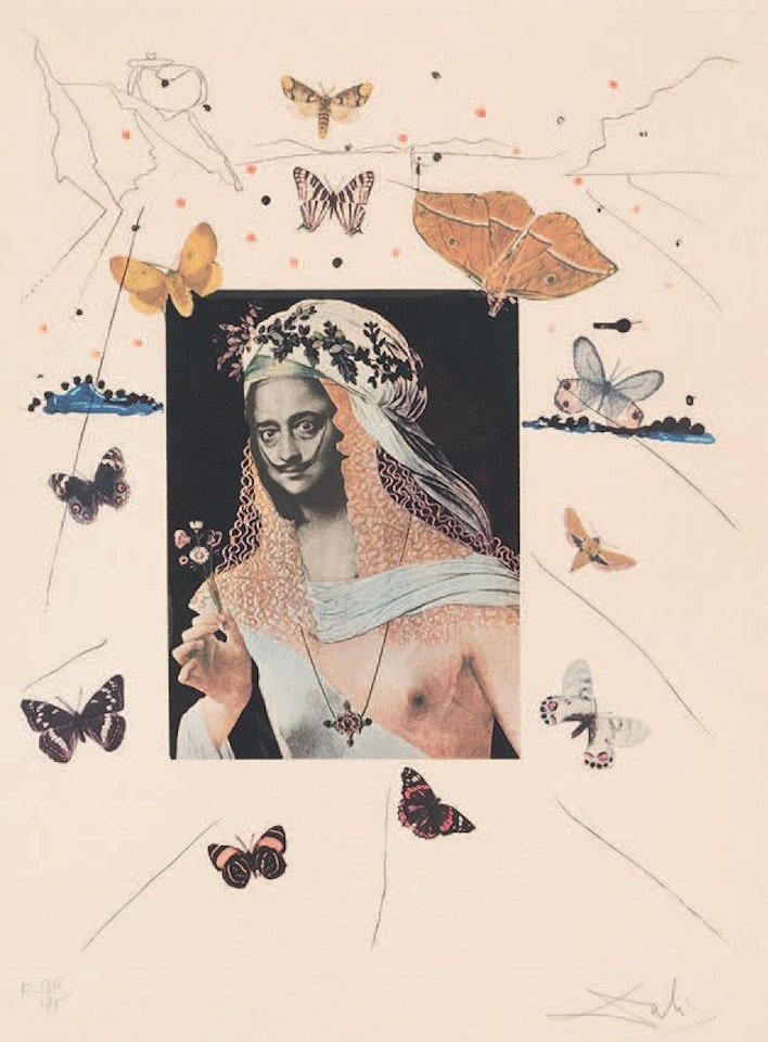 Surrealist portrait with butterflies. Plate from the series “The Memoirs of Surrealism" by Salvador Dali