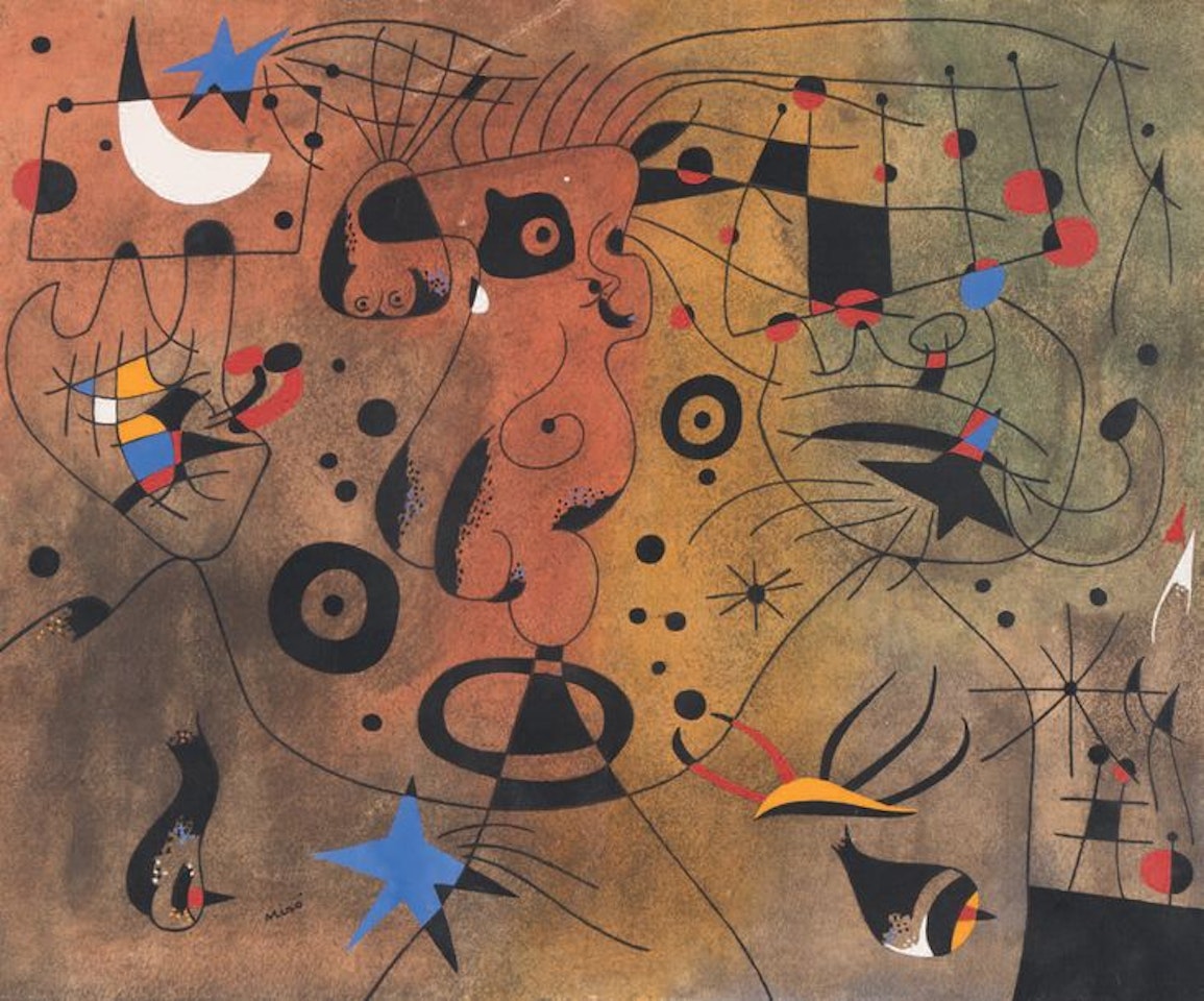 Woman with blonde armpit combing her hair in the light of the stars, plate from the Constellations suite by Joan Miró