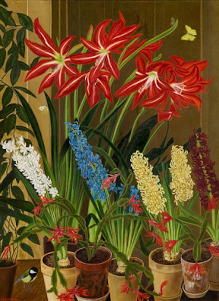 Amaryllis and hyacinths with great tit by Adolf Dietrich