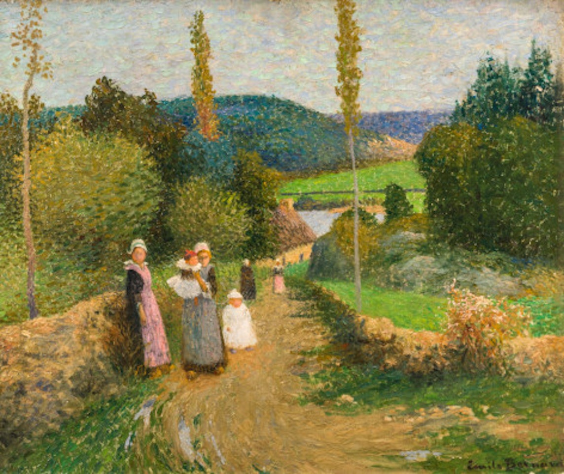 Paysage with Bretonnes sur le chemin by French School