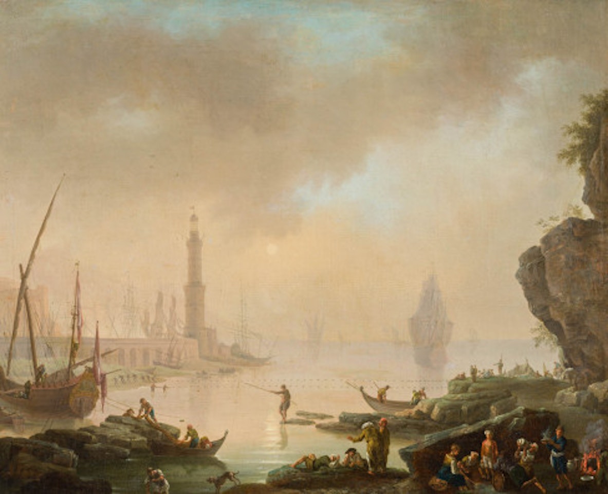 Harbor scene at sunset by Carlo Bonavia